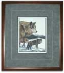 Framed in a classic dark wood frame with a suede mat and a v-groove plus two dark inner mats.